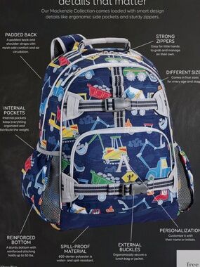 Pottery Barn Kids Mackenzie Backpack - Play Construction Truck Print - Blue/Gray